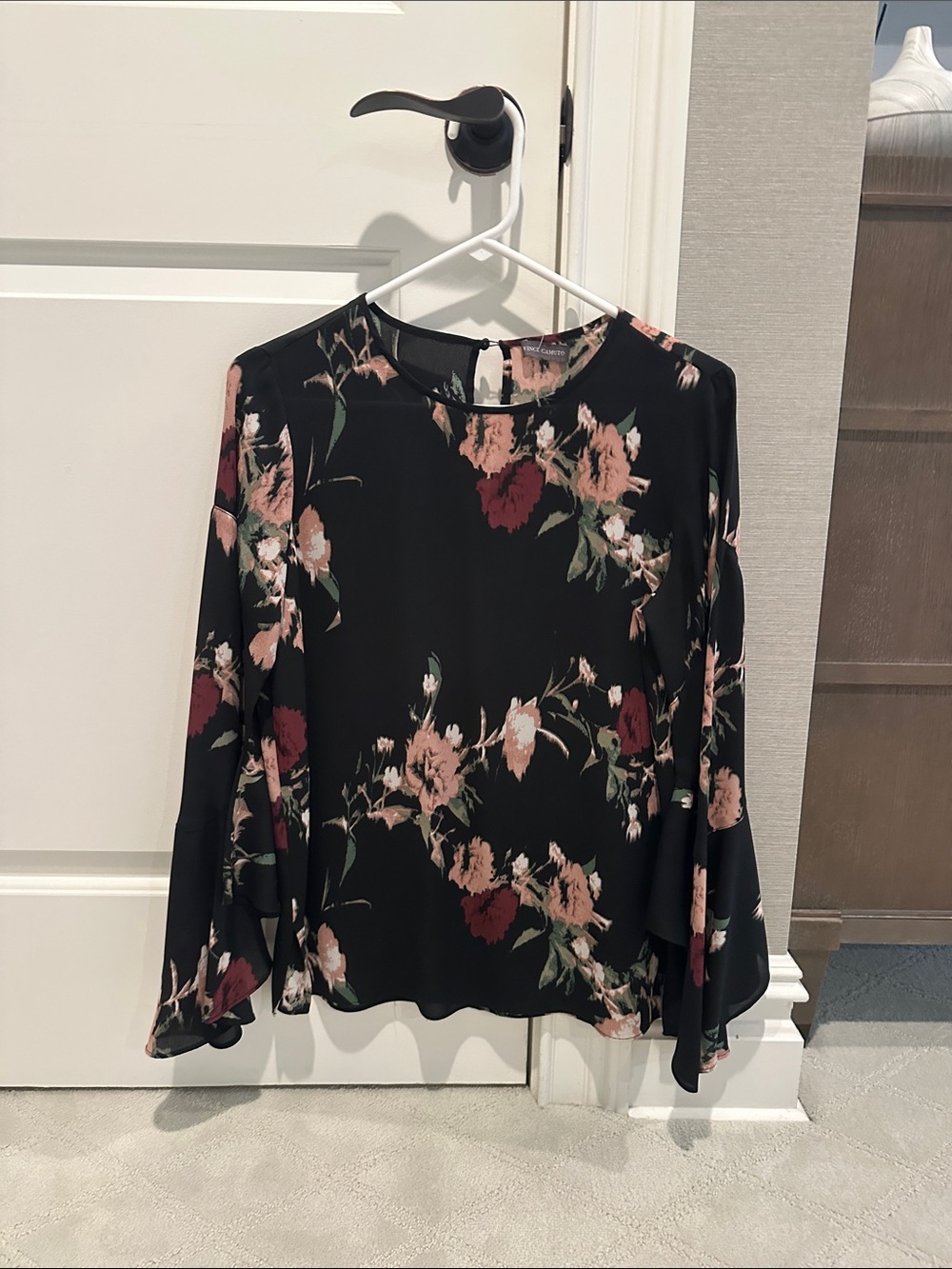 Vince Camuto Black Floral Long-Sleeve Blouse with Pink & Burgundy Blooms